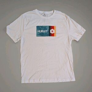Hurley Men’s T-Shirt Large White Surf Graphic Tee Palm Logo 100% Cotton